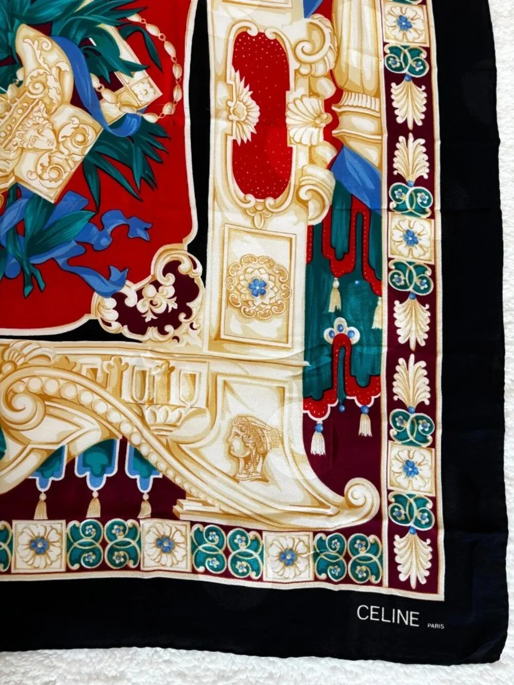 Celine Vintage Black Silk Scarf Ancient Theater Lyre Pattern Large Square